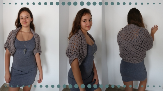 Bolero tejido a crochet con granny square y punto popcorn